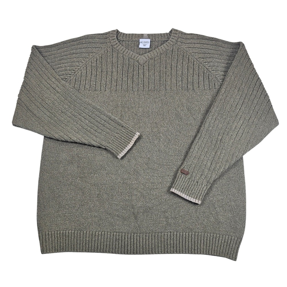 Columbia Mens XXL V-Neck Ribbed Thick Cotton Sweater Olive Green AM2726 Comfy
